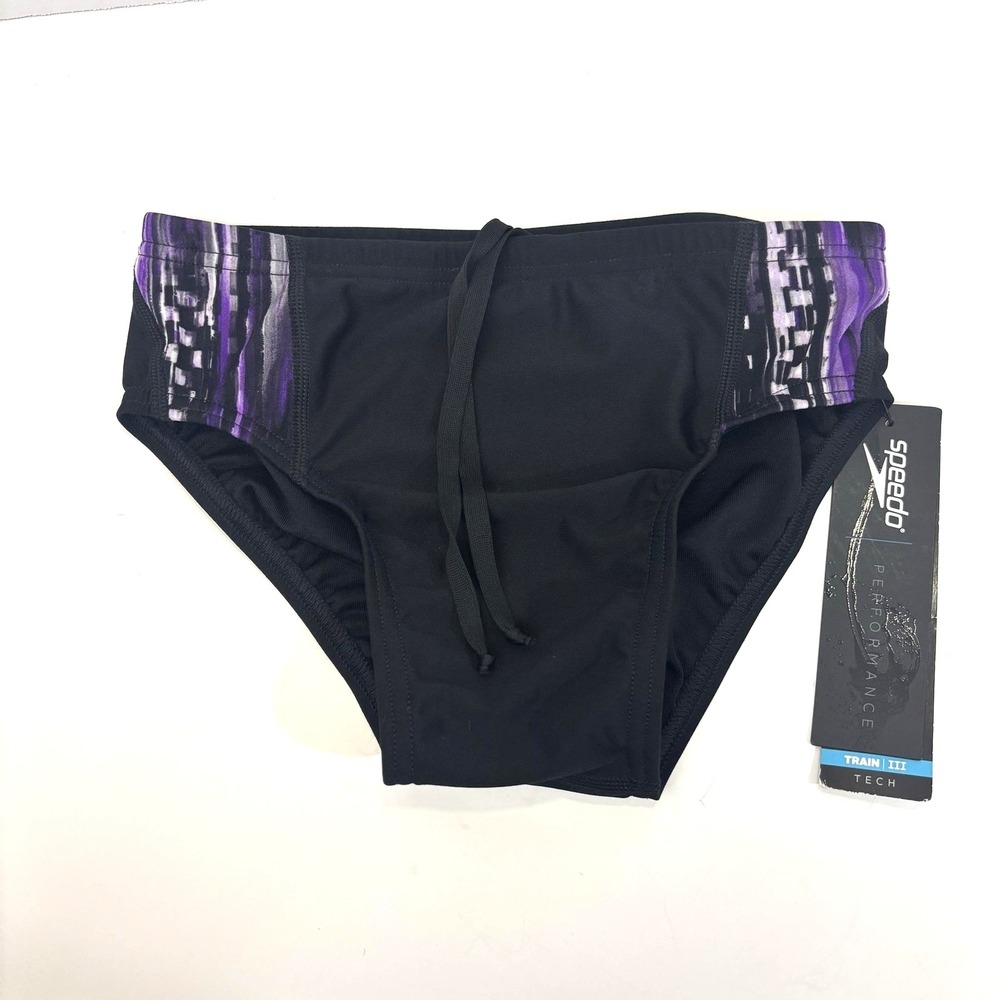 NWT Speedo Endurance+ Train III Tech Swim Briefs Boys 26 Black Purple Swimsuit